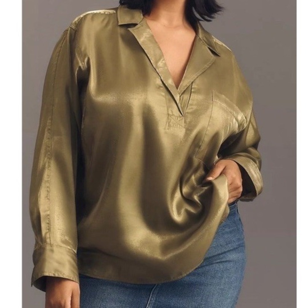 Pilcro Olive Satin V-Neck Blouse